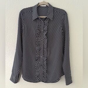 Equipment Blue & White Polka Dot Long Sleeve Front Ruffle Silk Top Size M